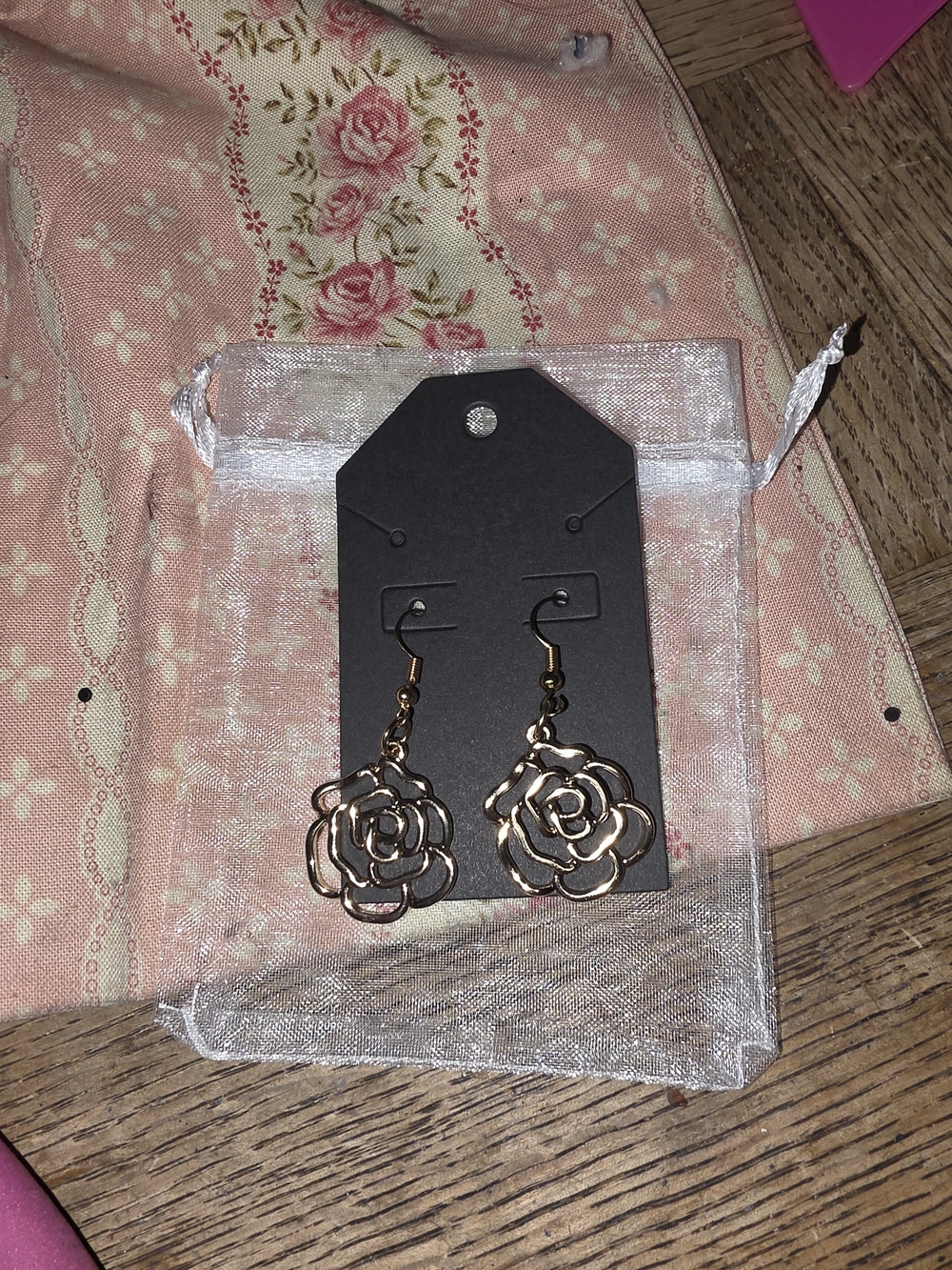 Gold Rose Outline Drop Earrings - Feminine Floral Dangle